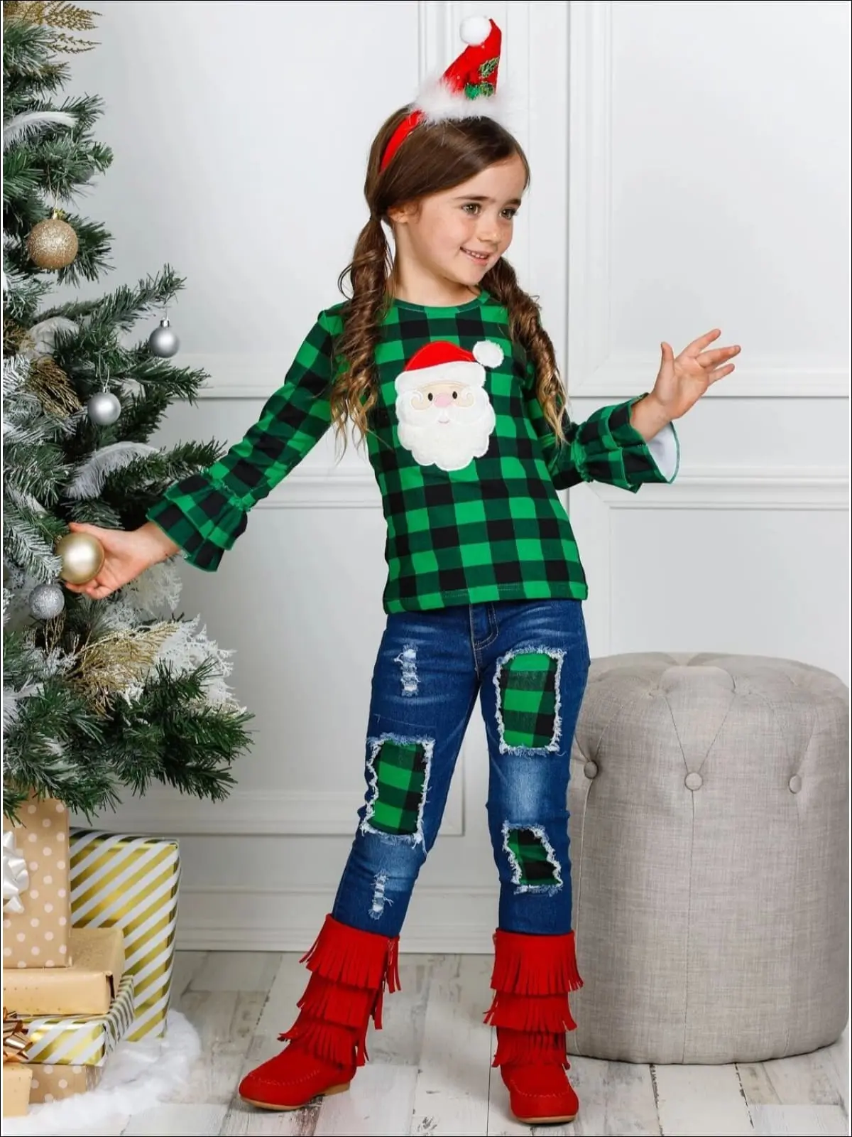 Pretty Please, Santa Plaid Patched Jeans Set - Image 2