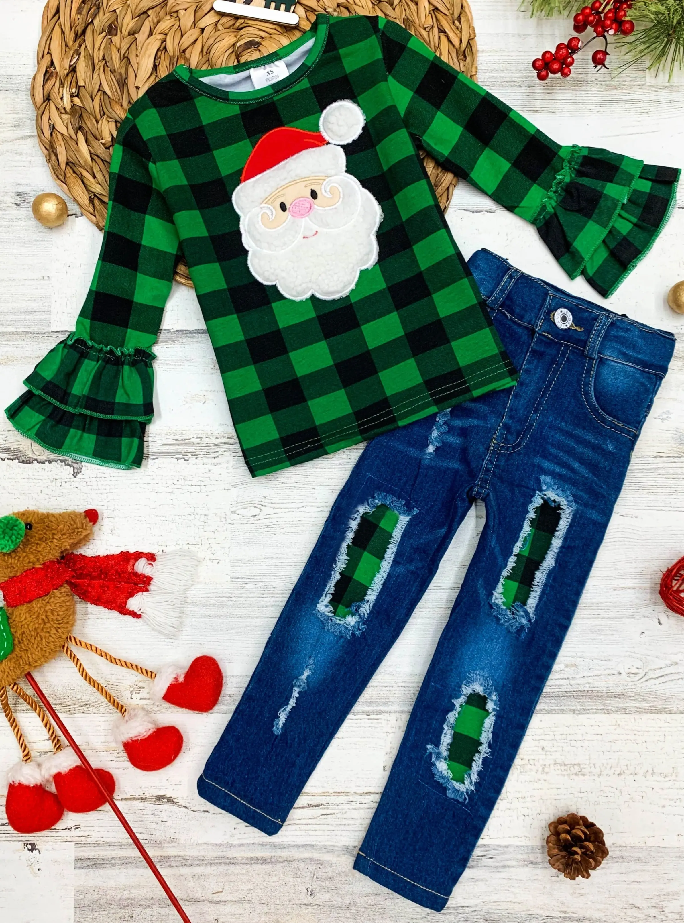 Pretty Please, Santa Plaid Patched Jeans Set - Image 3