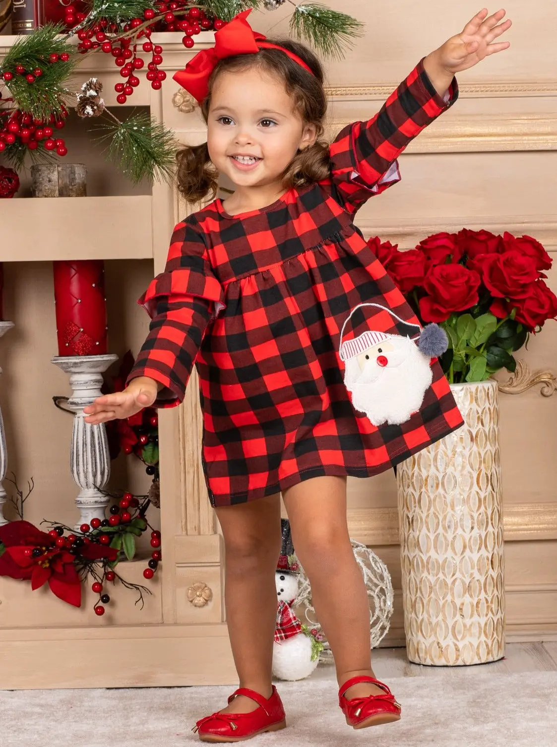 Girls Plaid Shoulder Ruffle Santa Applique Dress - Image 2
