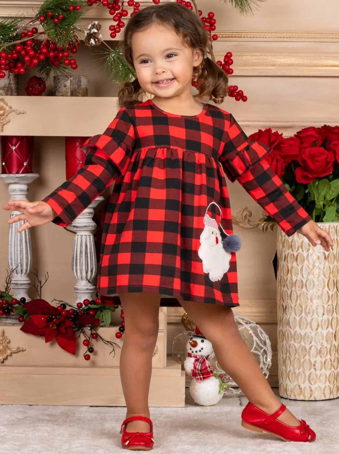 Girls Plaid Shoulder Ruffle Santa Applique Dress - Image 3