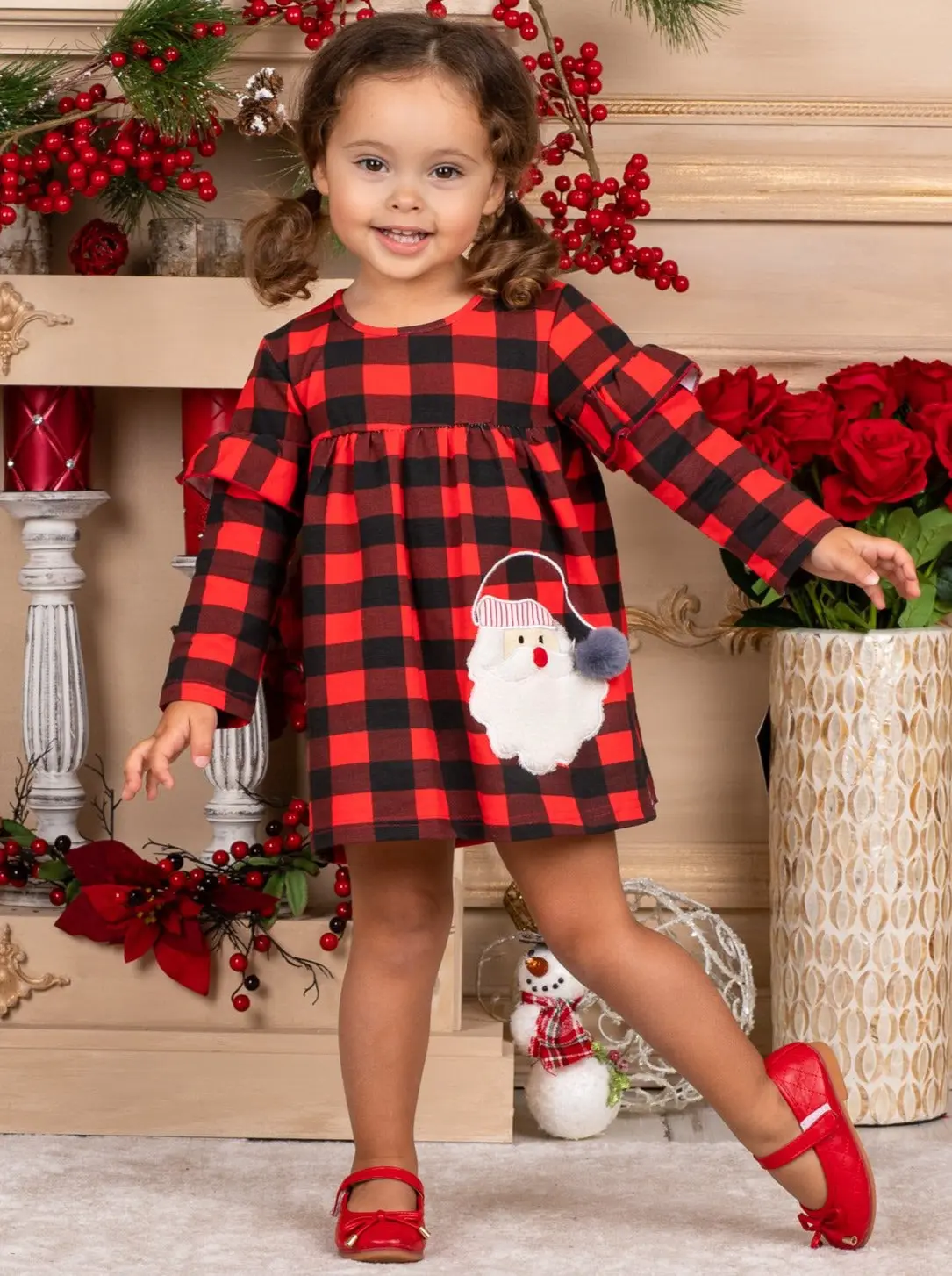 Girls Plaid Shoulder Ruffle Santa Applique Dress - Image 4
