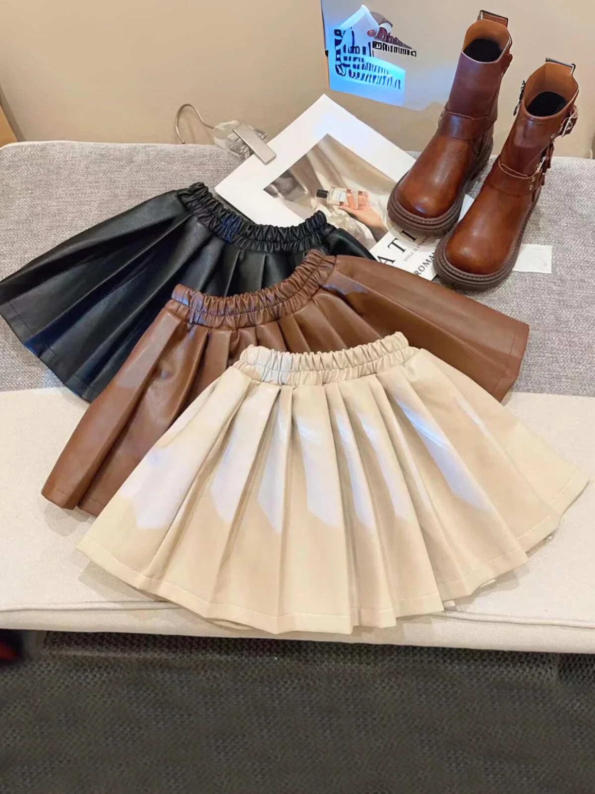 Girl's Pleated Faux Stylish and Comfortable Leather Skirt - Image 2