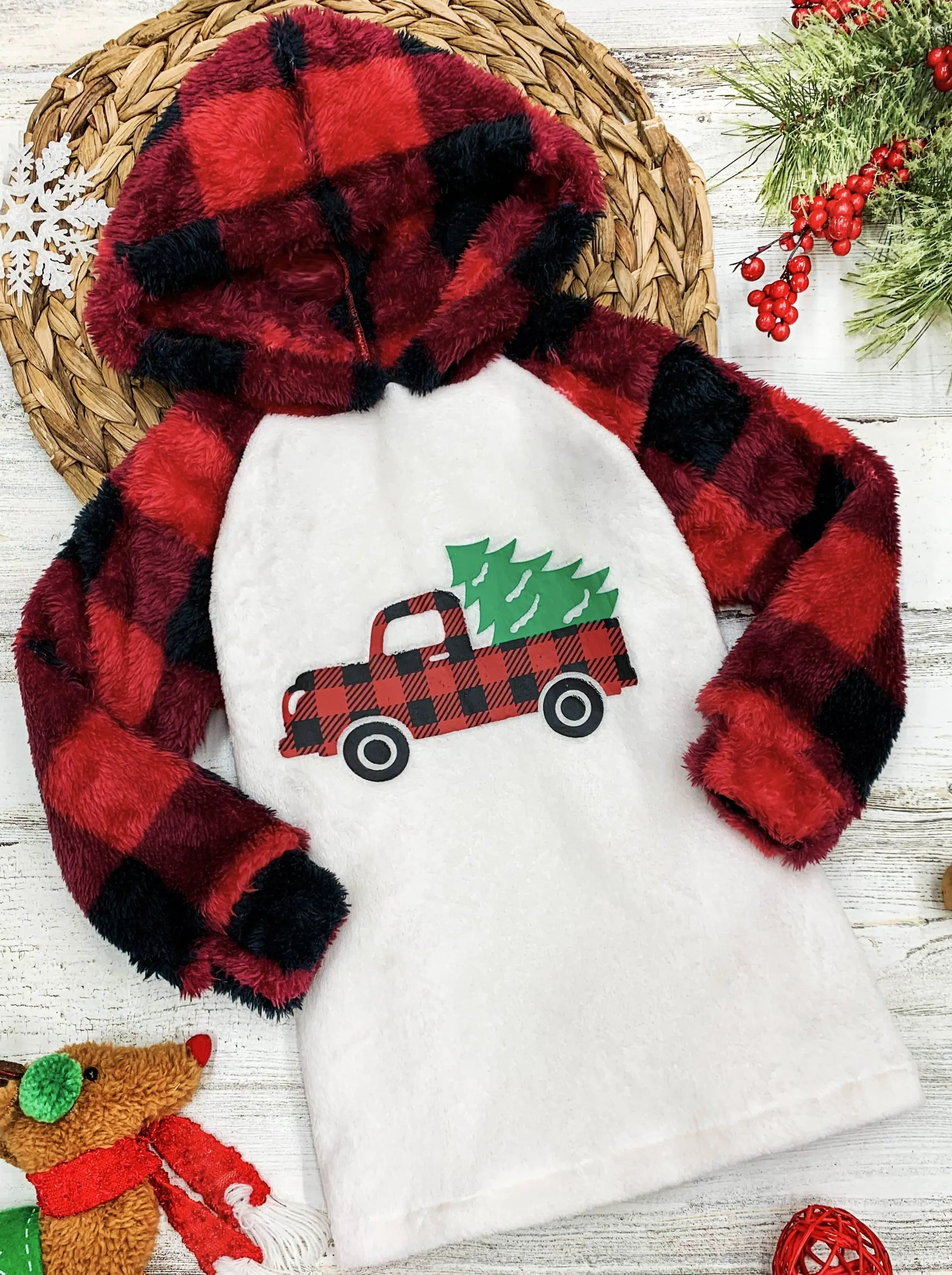 Christmas Tree Truck Fleece Raglan Holiday Hoodie - Image 2