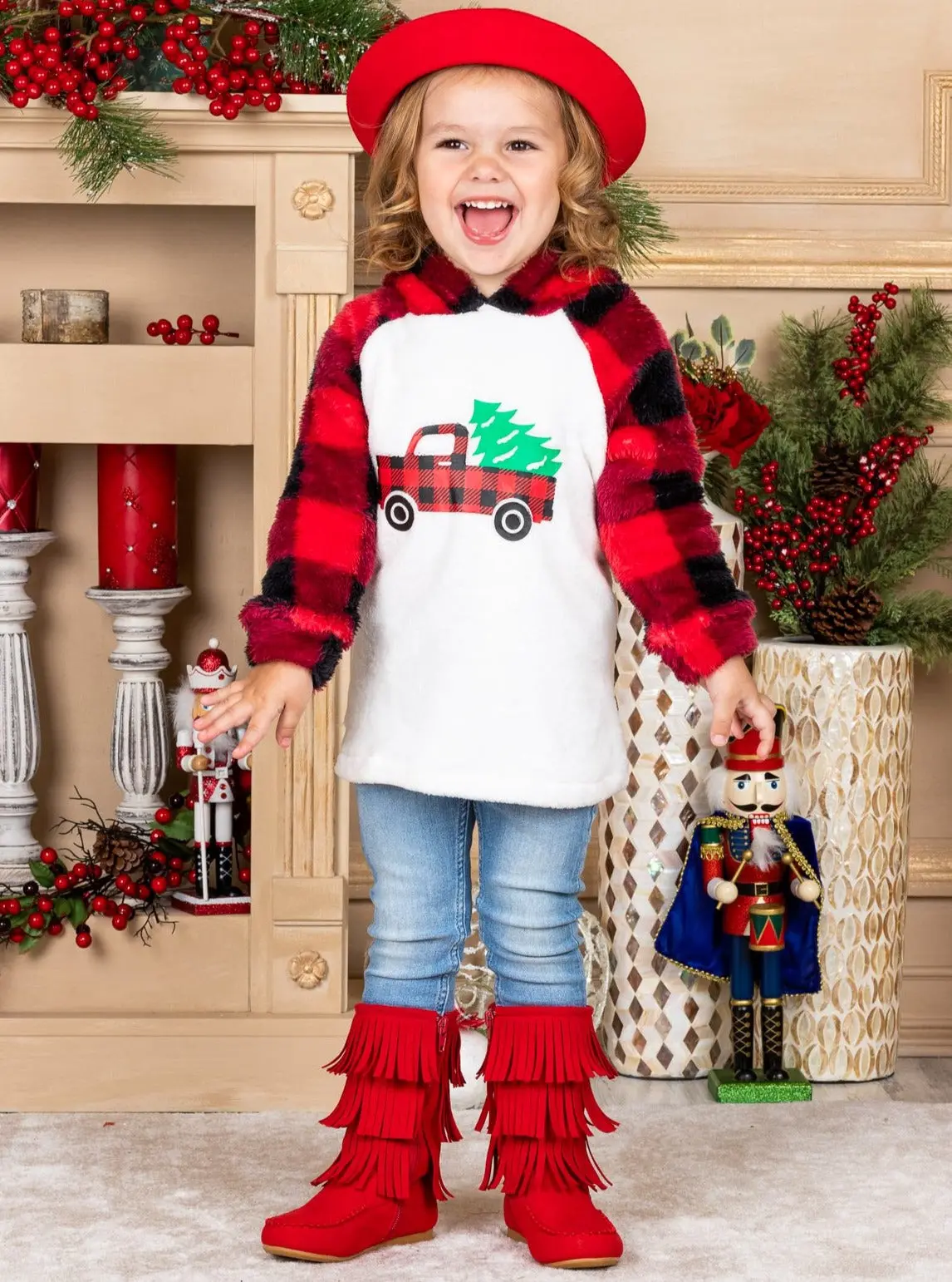 Christmas Tree Truck Fleece Raglan Holiday Hoodie - Image 3