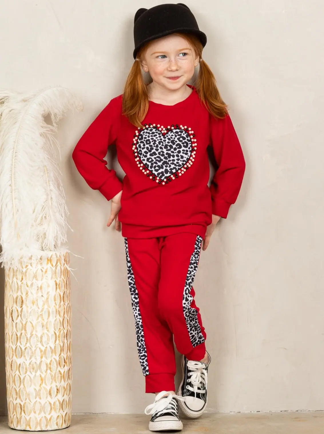 Girls Leopard Heart Applique Sweatshirt and Jogger Set - Image 2