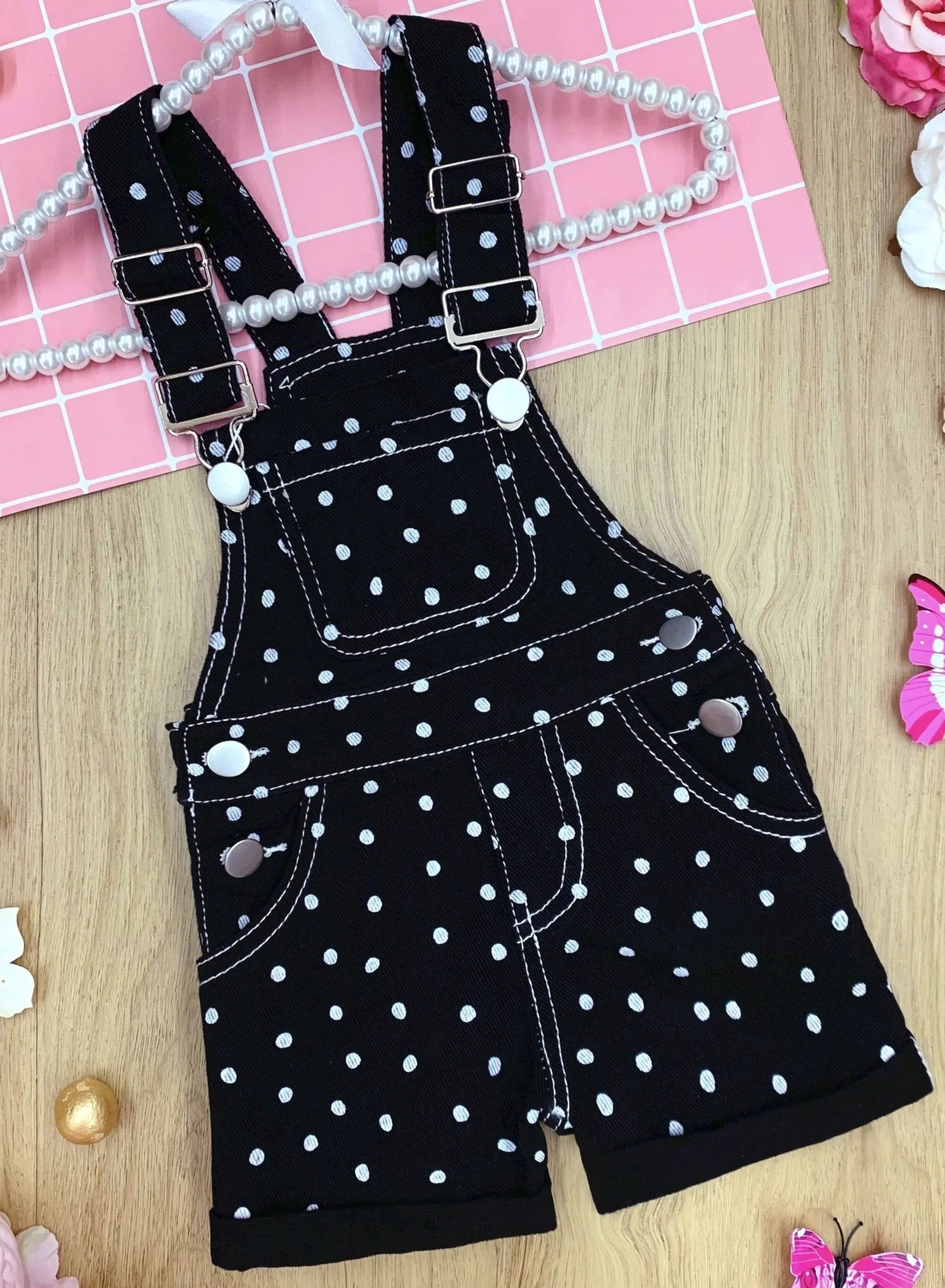 Posh Polka Dot Cuffed Denim Overalls - Image 5