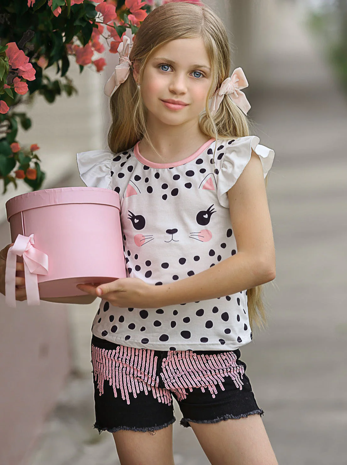 Polka Dot Kitty Sequin Denim Shorts Set - Image 2