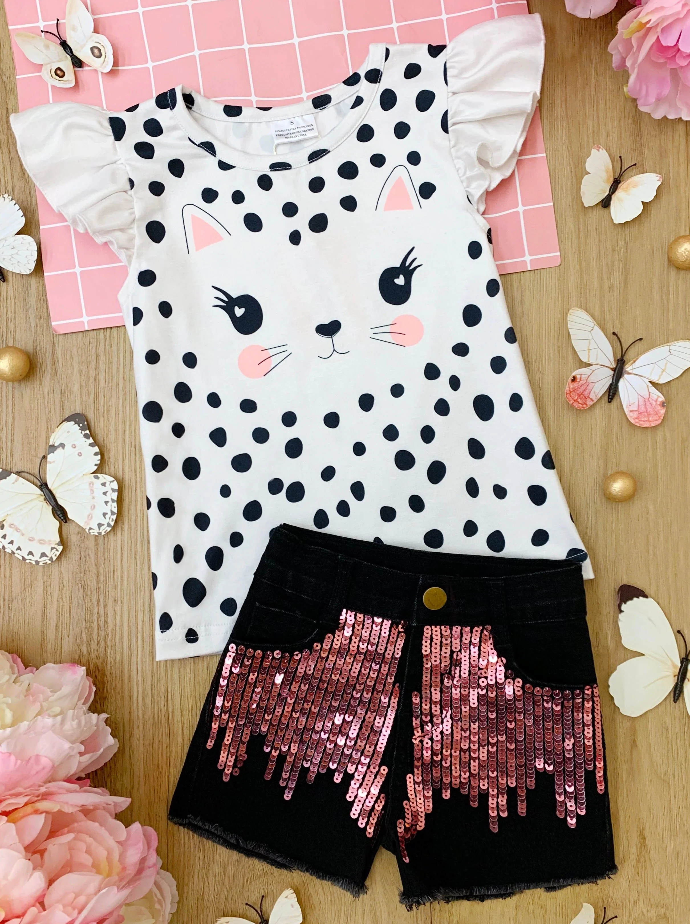 Polka Dot Kitty Sequin Denim Shorts Set - Image 3