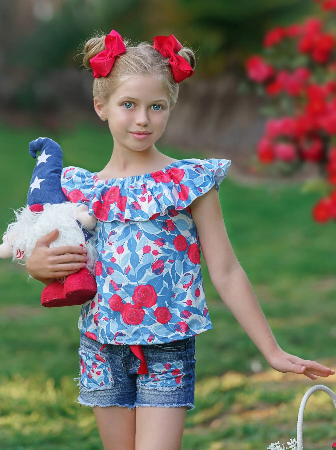 Floral Princess Top and Patched Denim Short Set - Image 2