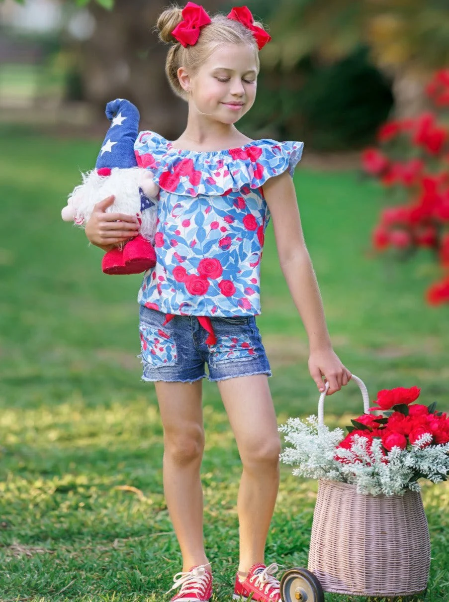 Floral Princess Top and Patched Denim Short Set - Image 3