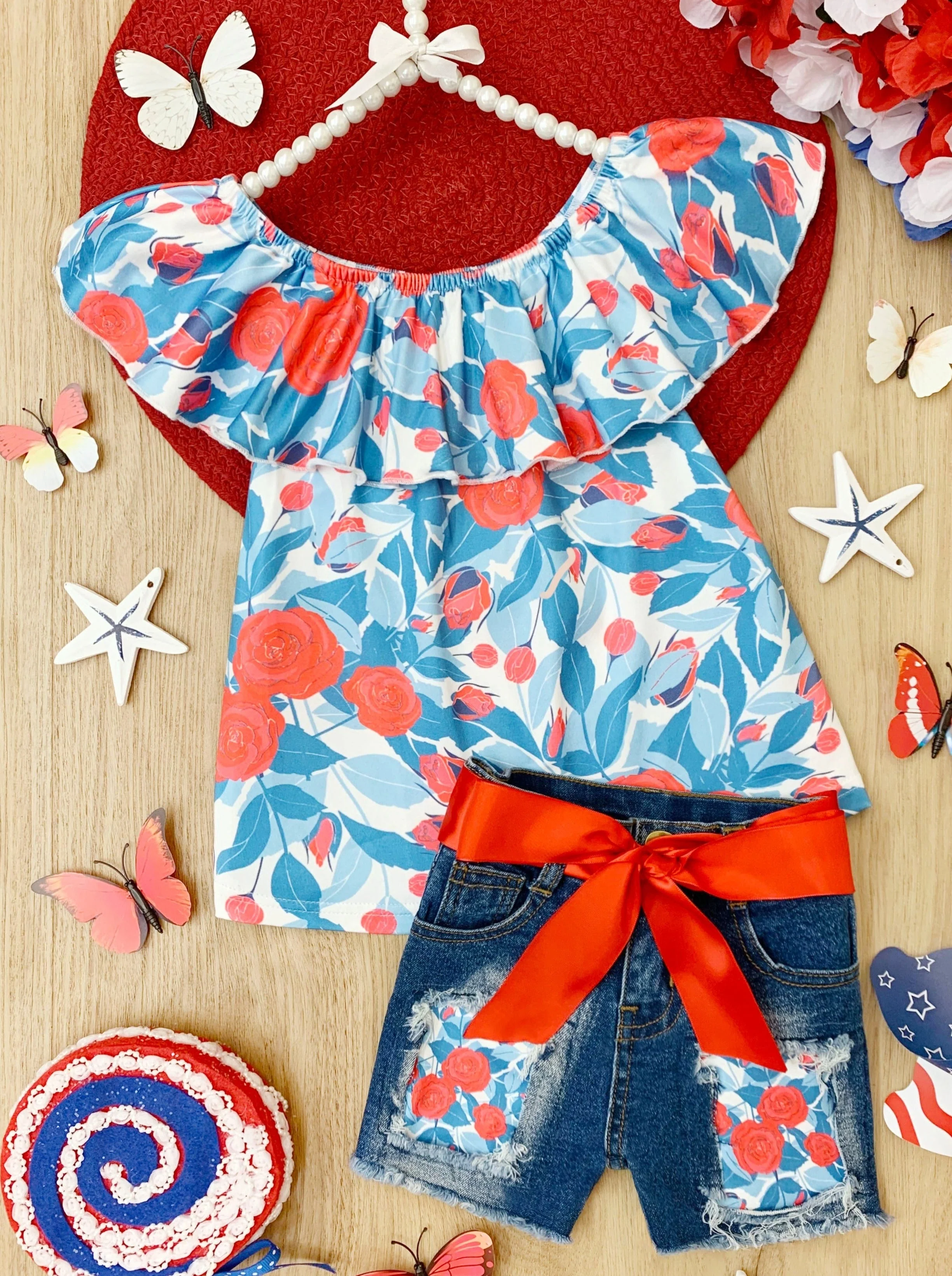 Floral Princess Top and Patched Denim Short Set - Image 4