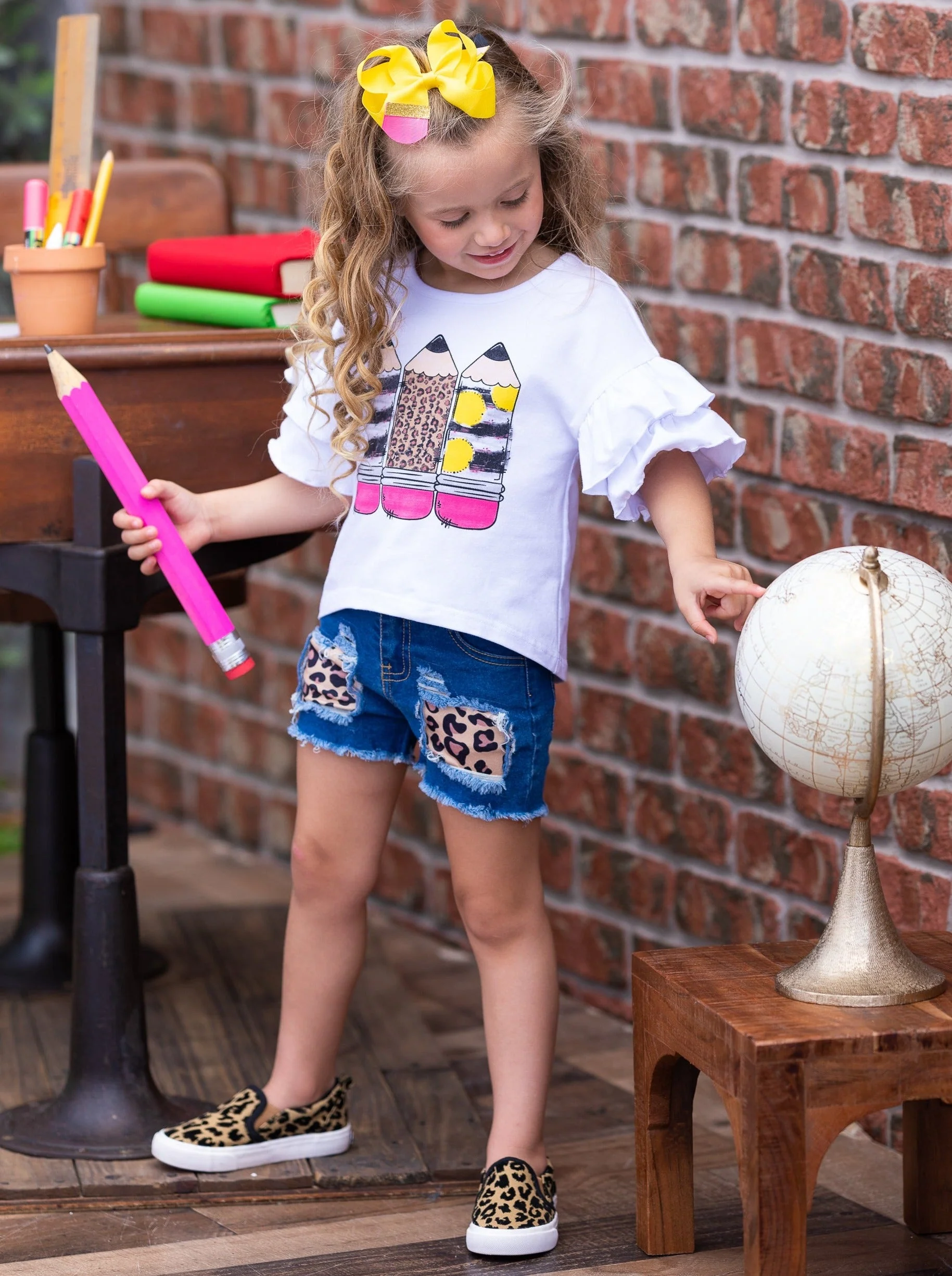 Preppy Pencil Leopard Patch Denim Short Set - Image 2