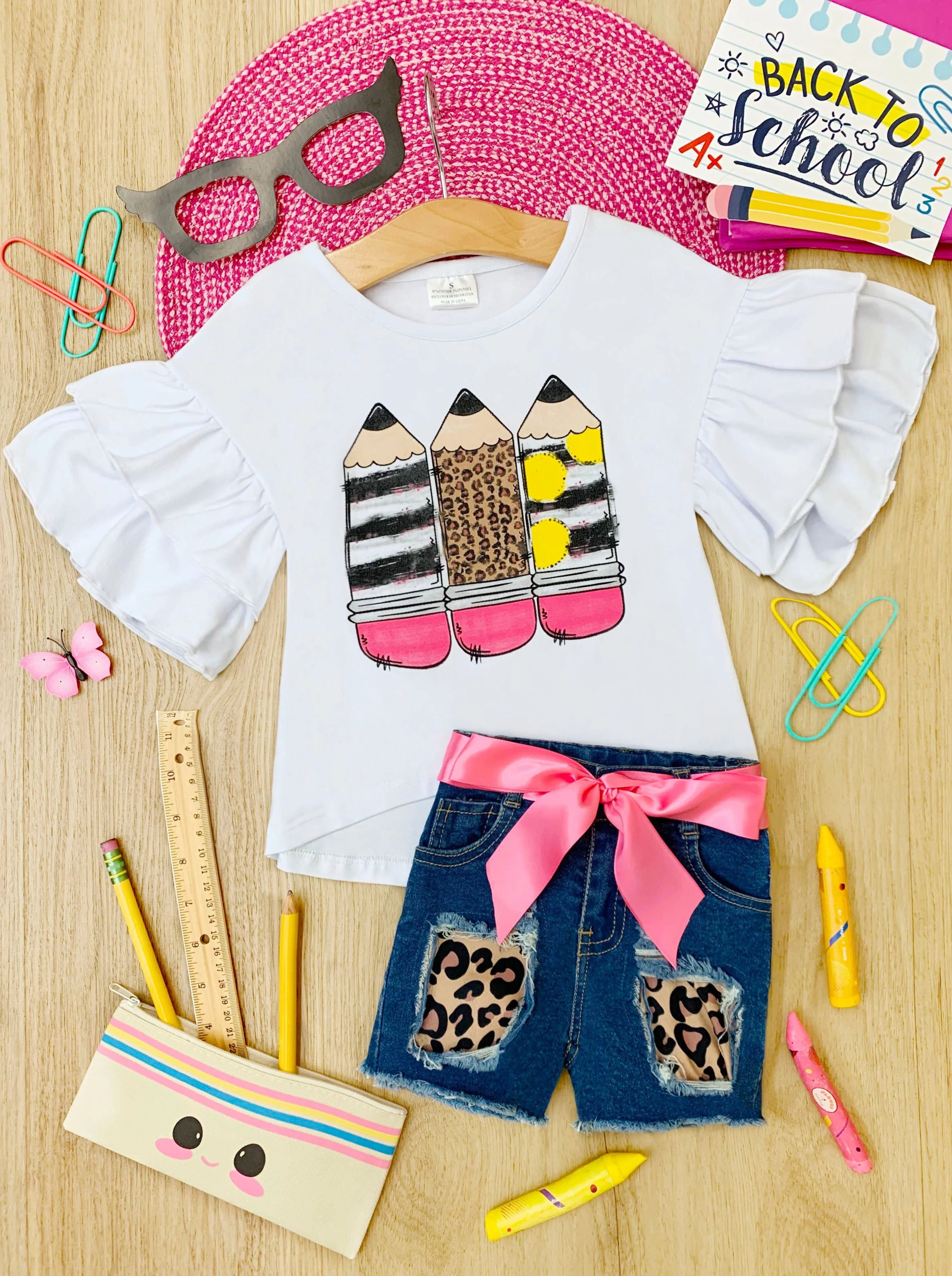 Preppy Pencil Leopard Patch Denim Short Set - Image 3