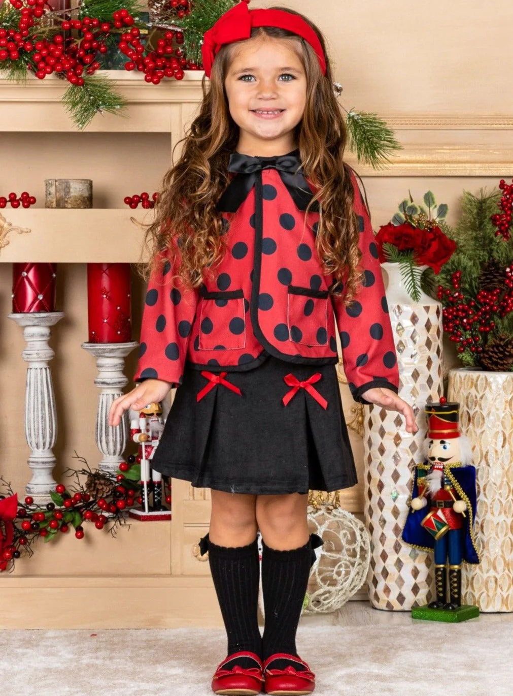 Polished Polka Dot Cardigan and Pleated Skirt Set - Image 3