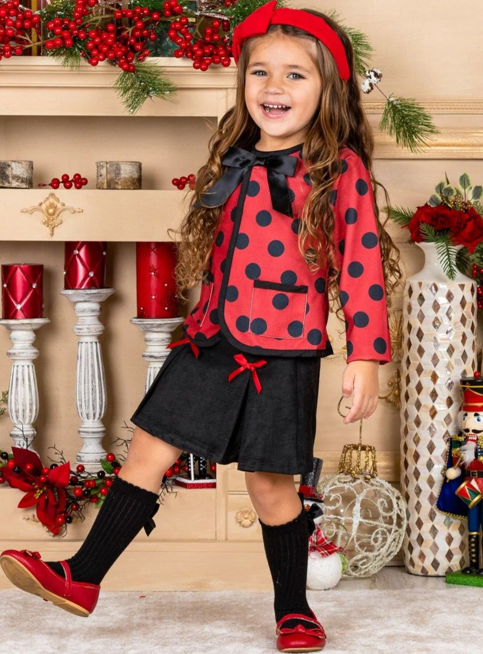 Polished Polka Dot Cardigan and Pleated Skirt Set - Image 4