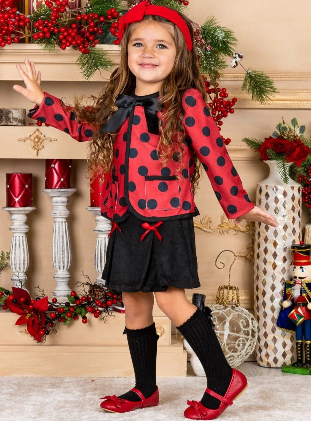 Polished Polka Dot Cardigan and Pleated Skirt Set - Image 5