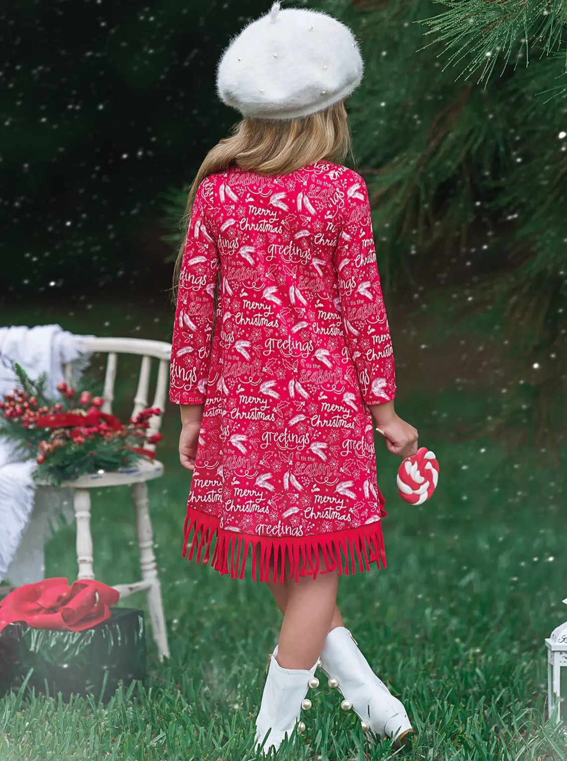 Season Greetings Long Sleeve Fringe Hem Dress - Image 3