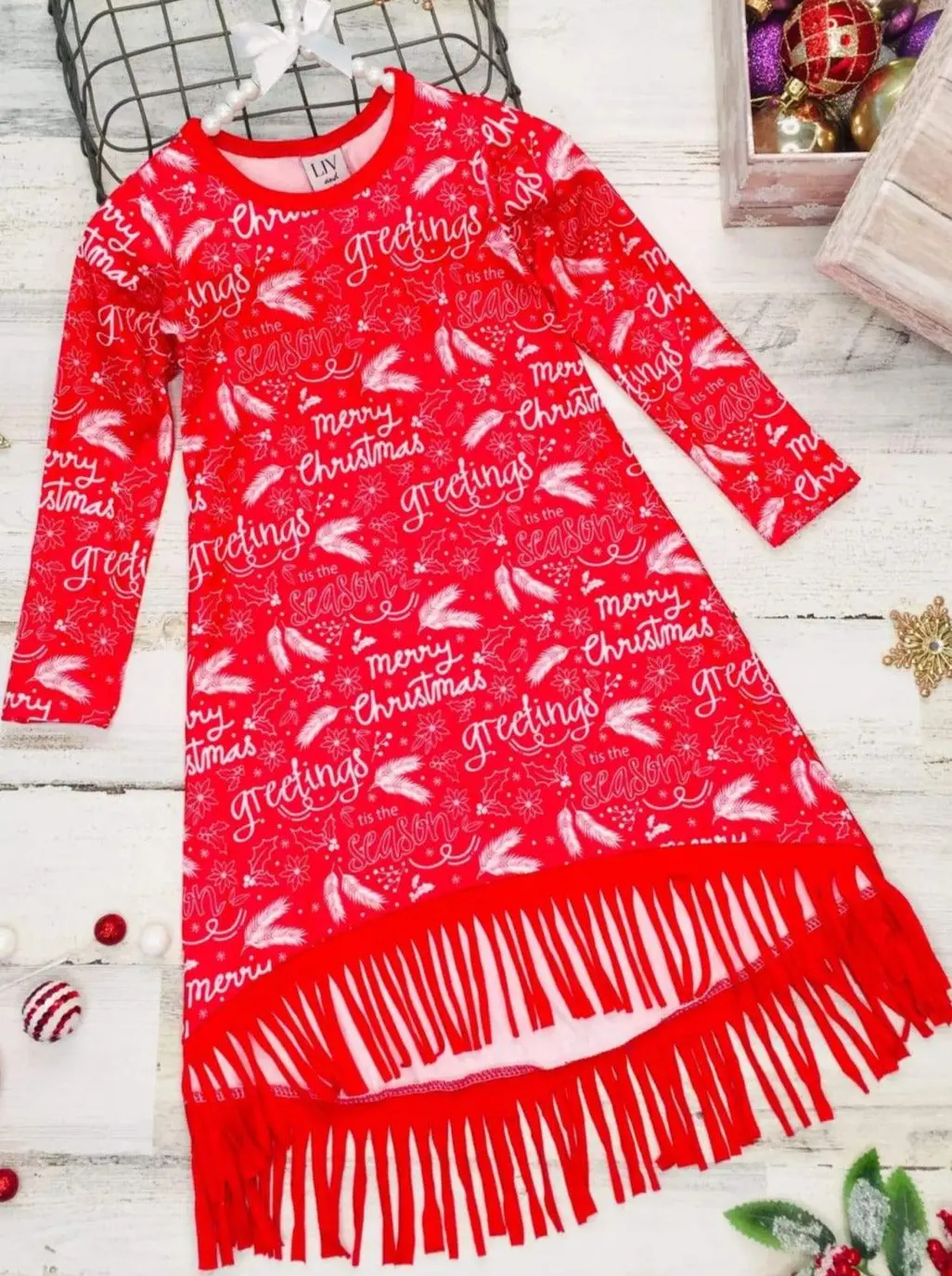 Season Greetings Long Sleeve Fringe Hem Dress - Image 4
