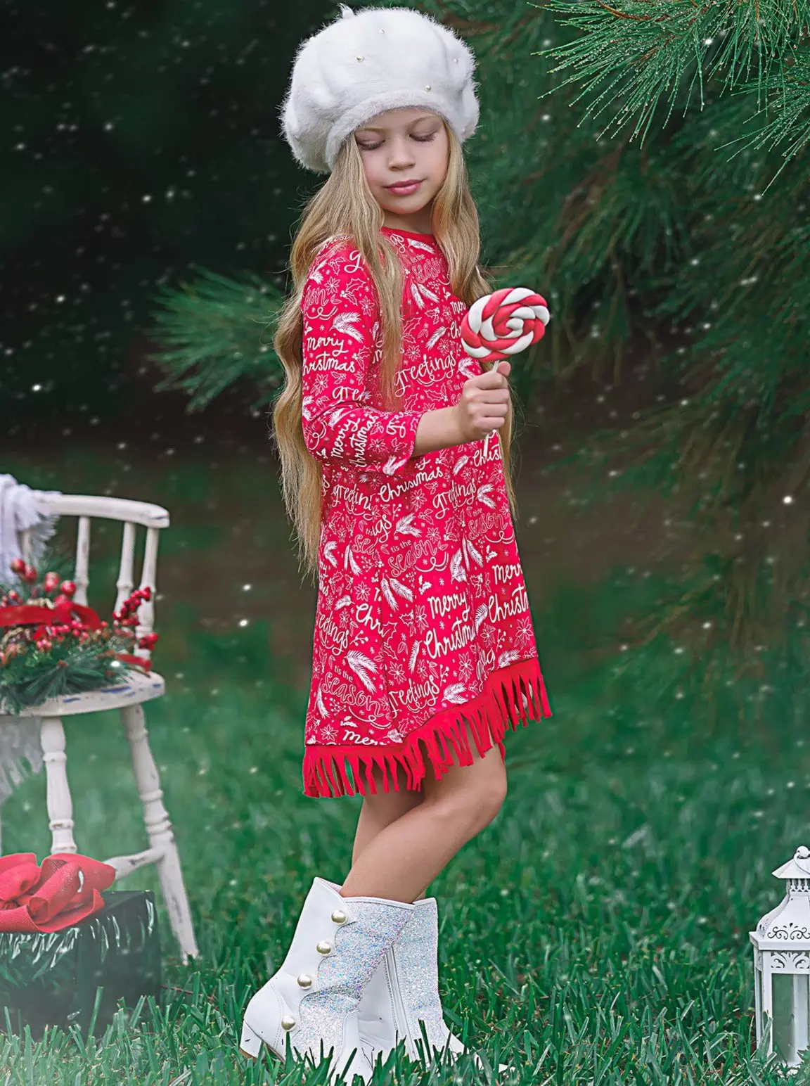 Season Greetings Long Sleeve Fringe Hem Dress - Image 5