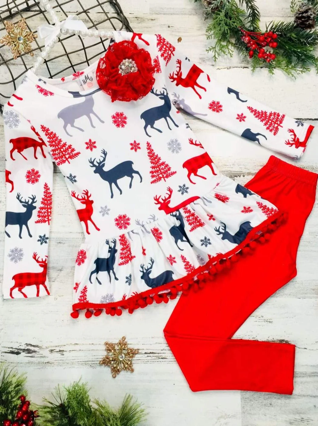 Girls Printed Long Sleeve Ruffled Pom Pom Hem Tunic And Red Legging Set - Image 2