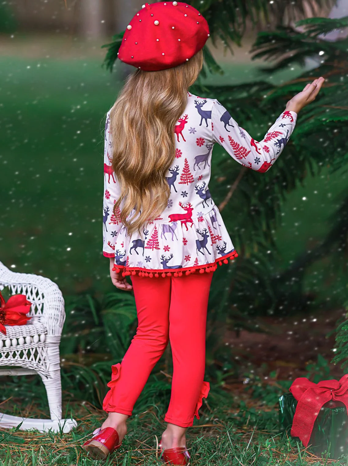 Girls Printed Long Sleeve Ruffled Pom Pom Hem Tunic And Red Legging Set - Image 3