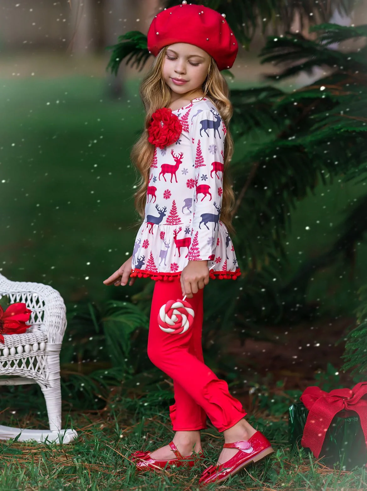 Girls Printed Long Sleeve Ruffled Pom Pom Hem Tunic And Red Legging Set - Image 4