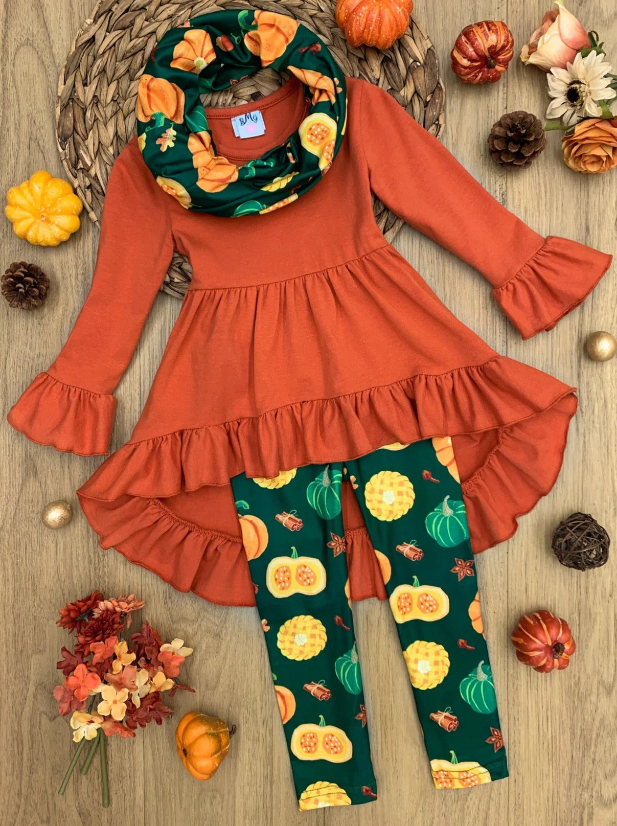 Pumpkin Season Hi-Lo Tunic, Leggings and Scarf Set - Image 3