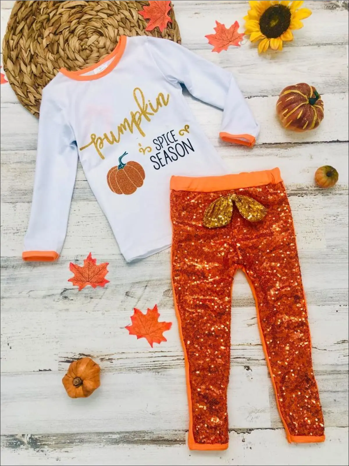 Pumpkin Spice Season Top And Bow Sequin Legging Set - Image 3