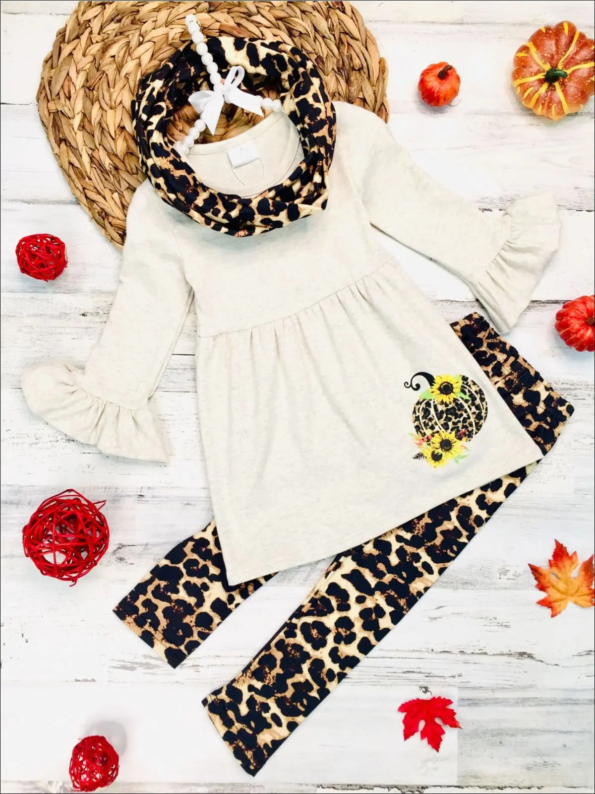 Girls Pumpkin Sunflower Print Long Ruffled Sleeve Top, Animal Print Leggings And Scarf Set - Image 2
