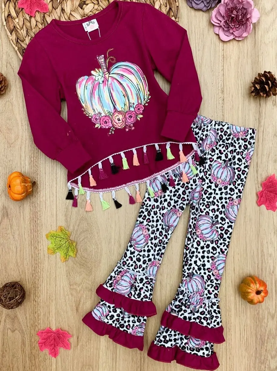Girls Pumpkin Tassel Pullover and Leopard Ruffled Legging Set - Image 2