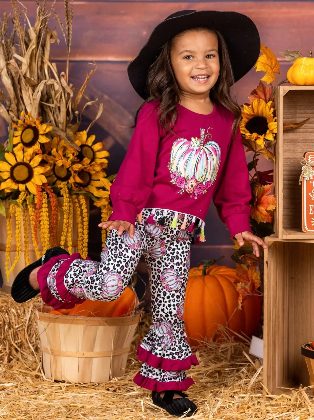 Girls Pumpkin Tassel Pullover and Leopard Ruffled Legging Set - Image 3