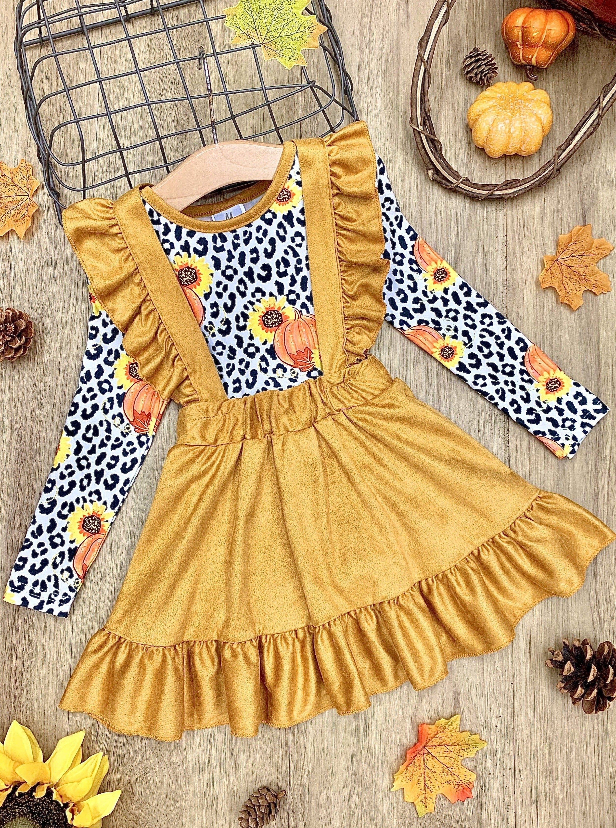 Girls Pumpkin Top and Ruffled Suspender Skirt Set - Image 2