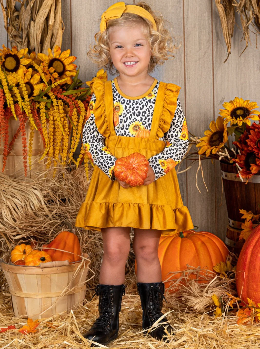 Girls Pumpkin Top and Ruffled Suspender Skirt Set - Image 3