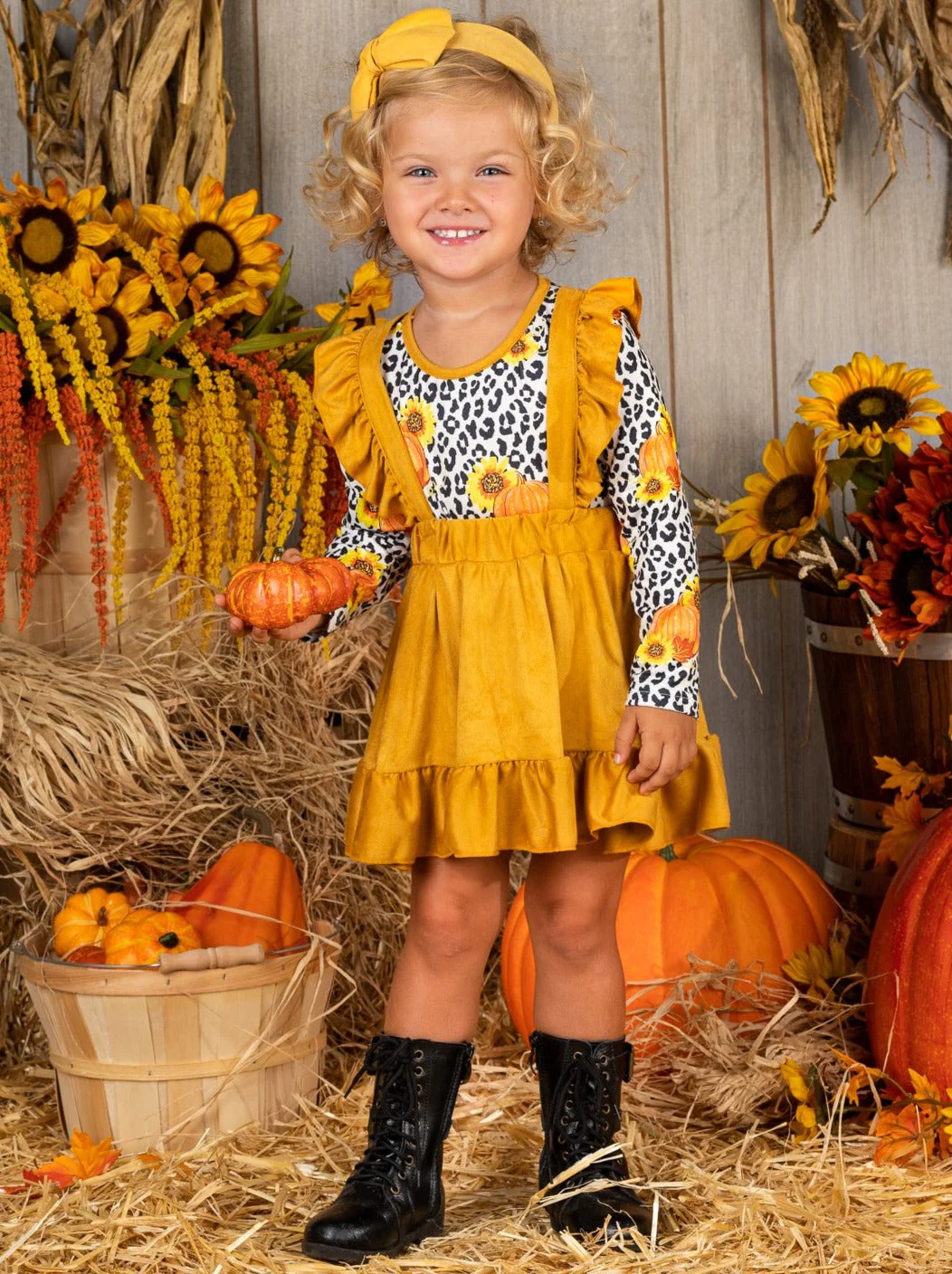 Girls Pumpkin Top and Ruffled Suspender Skirt Set - Image 4