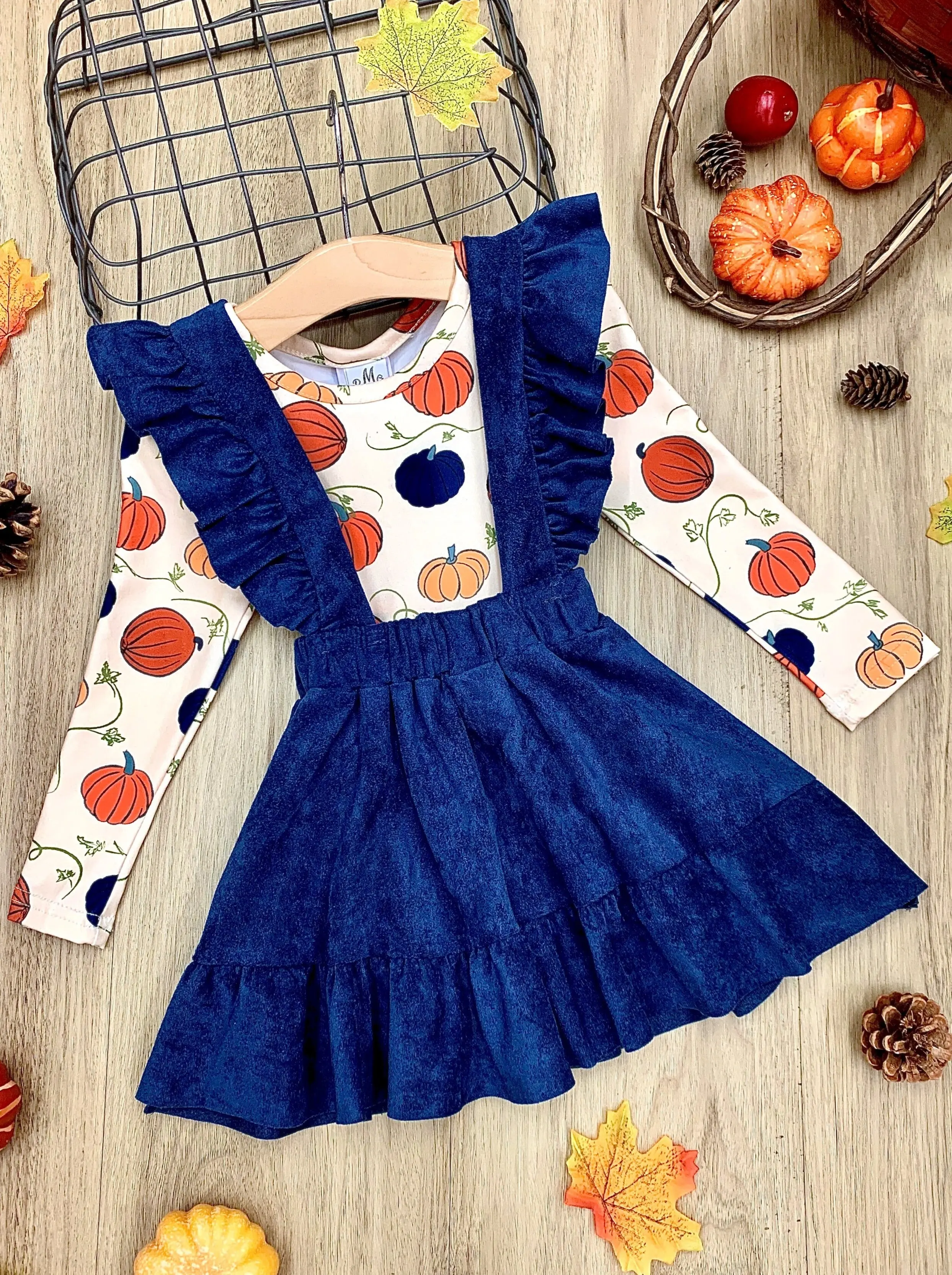 Precious Pumpkin Velvet Overall Skirt Set - Image 2