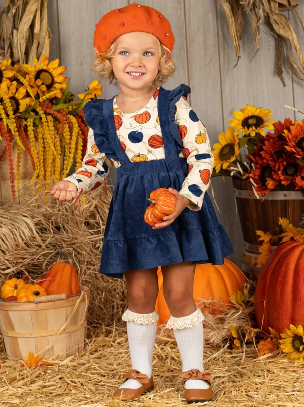 Precious Pumpkin Velvet Overall Skirt Set - Image 3