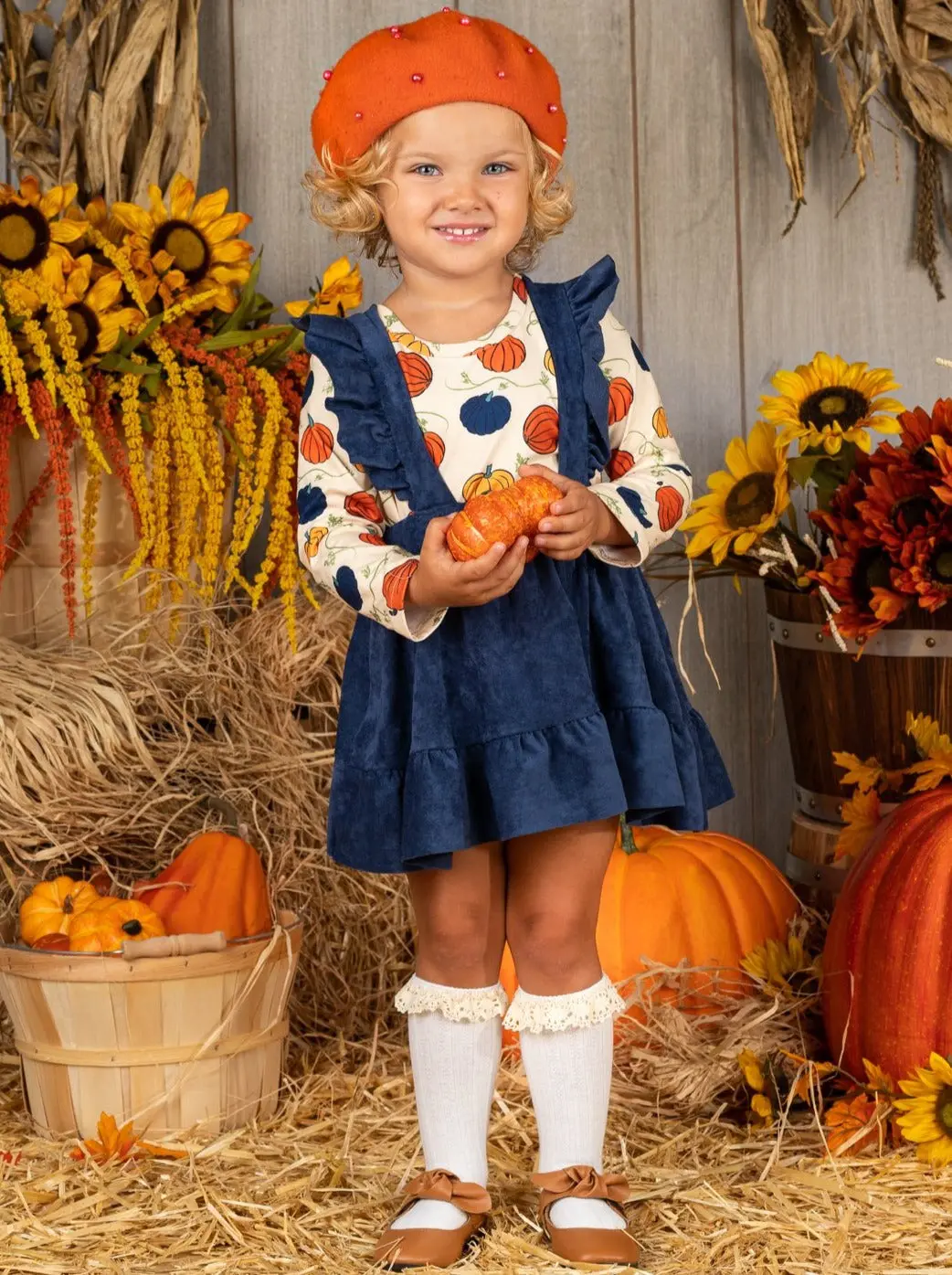 Precious Pumpkin Velvet Overall Skirt Set - Image 4