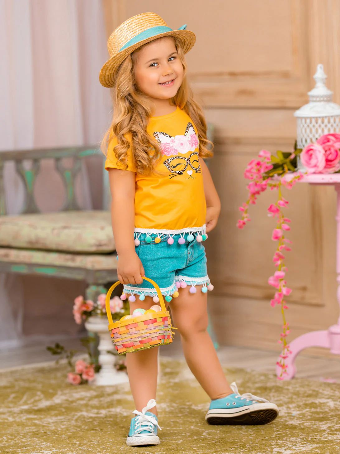 PURRrecious Kitten Pom Pom Denim Shorts Set - Image 2