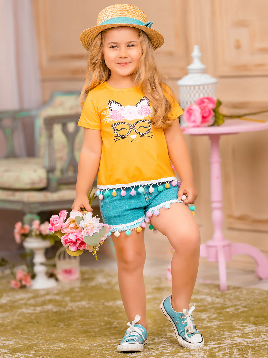 PURRrecious Kitten Pom Pom Denim Shorts Set - Image 4