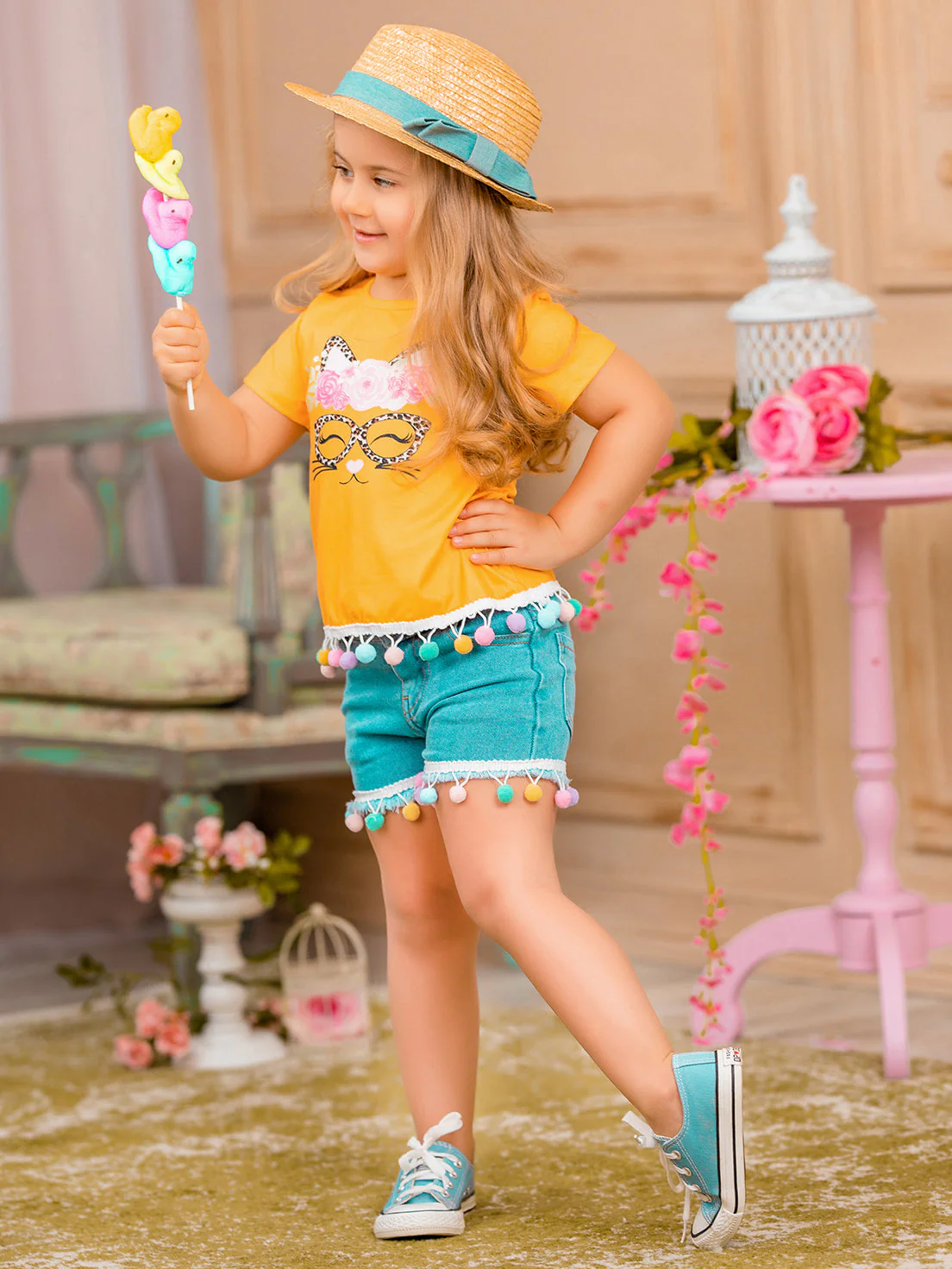 PURRrecious Kitten Pom Pom Denim Shorts Set - Image 5