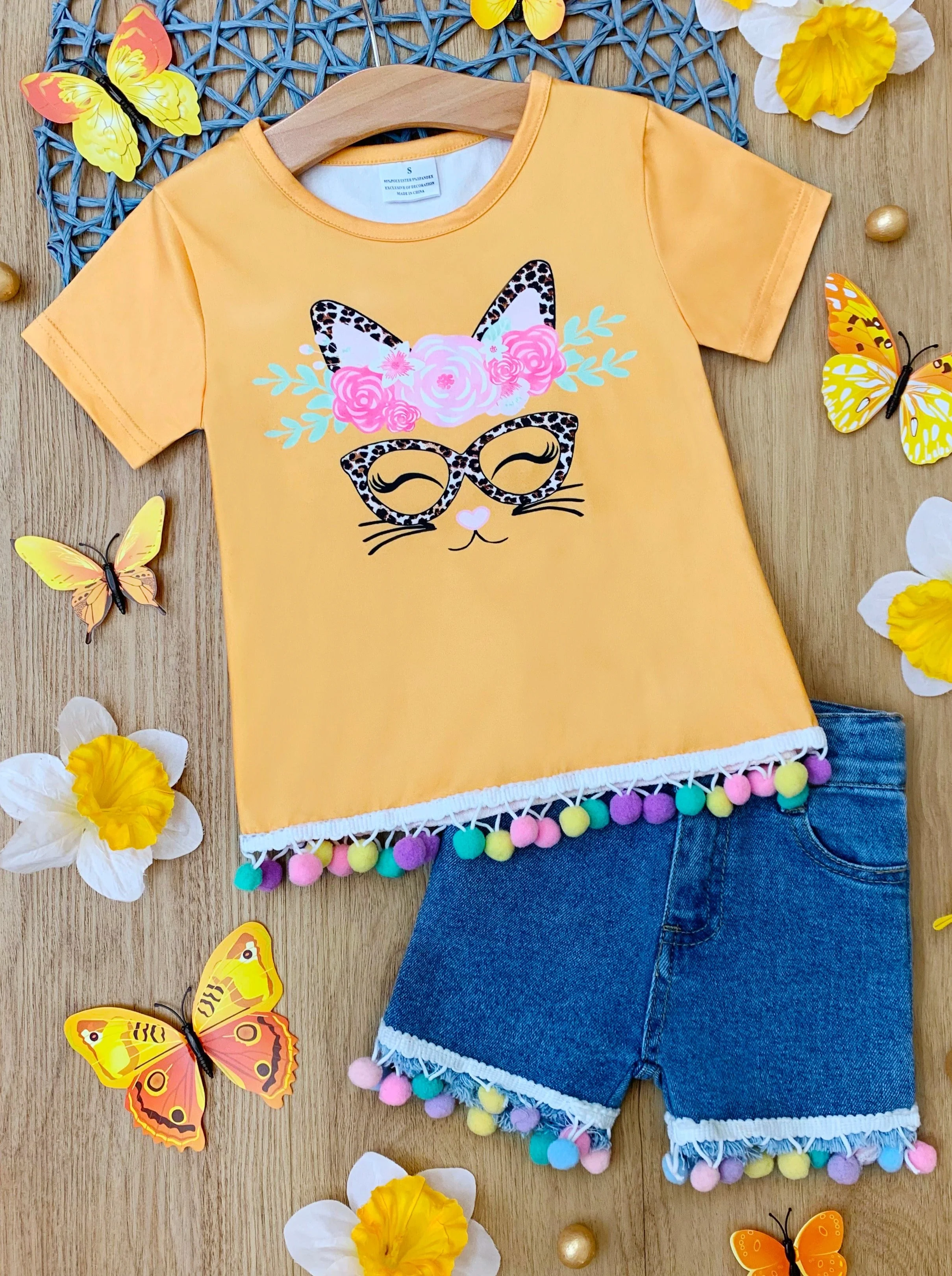 PURRrecious Kitten Pom Pom Denim Shorts Set - Image 6