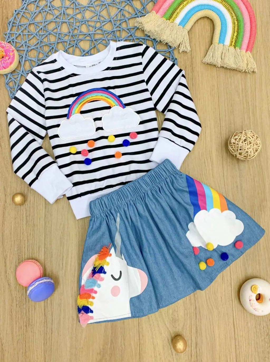 Girls Rainbow Sweatshirt and Rainbow Unicorn Skirt Set - Image 2