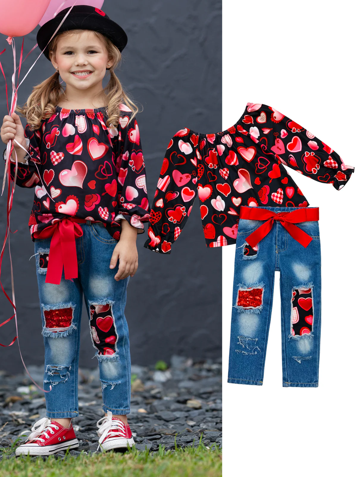 Love Power Distressed Patched Jeans Set - Image 11
