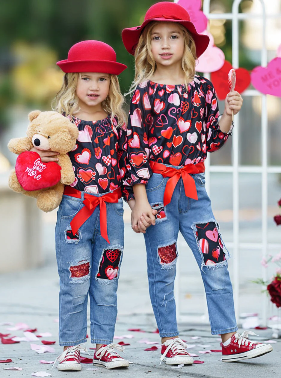 Love Power Distressed Patched Jeans Set - Image 2