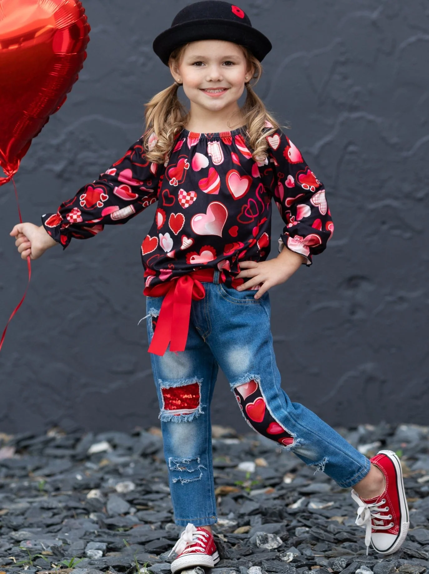 Love Power Distressed Patched Jeans Set - Image 3