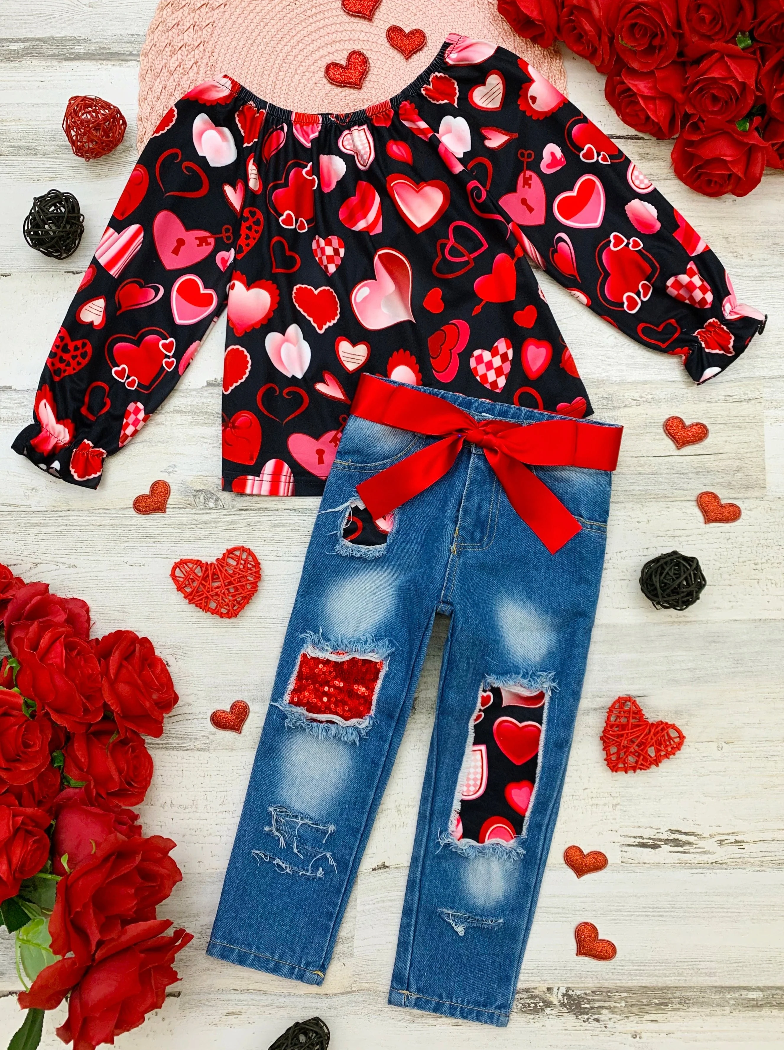 Love Power Distressed Patched Jeans Set - Image 4