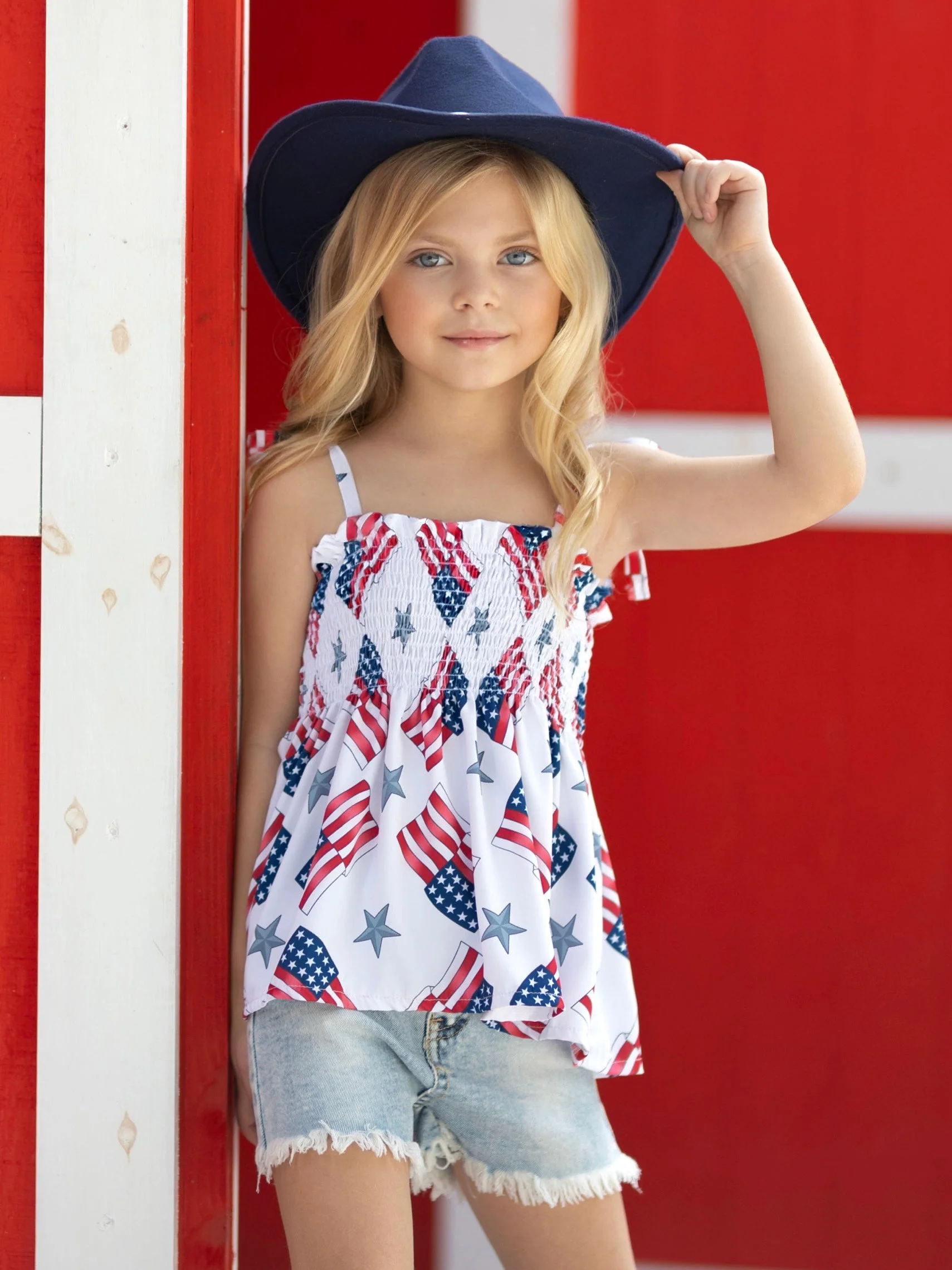 Miss Liberty Smocked Tie Shoulder Top and Denim Short Set - Image 2