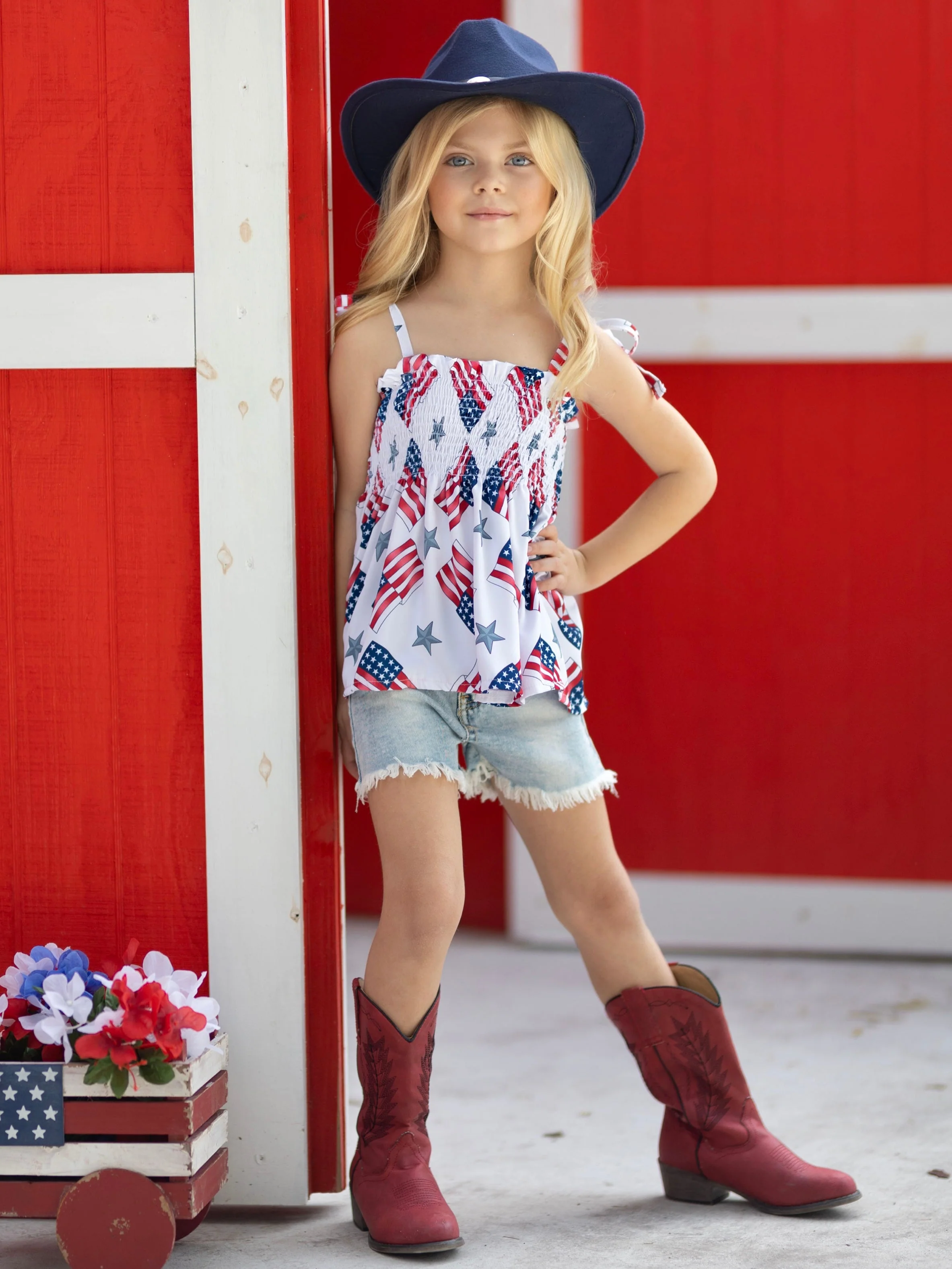 Miss Liberty Smocked Tie Shoulder Top and Denim Short Set - Image 3