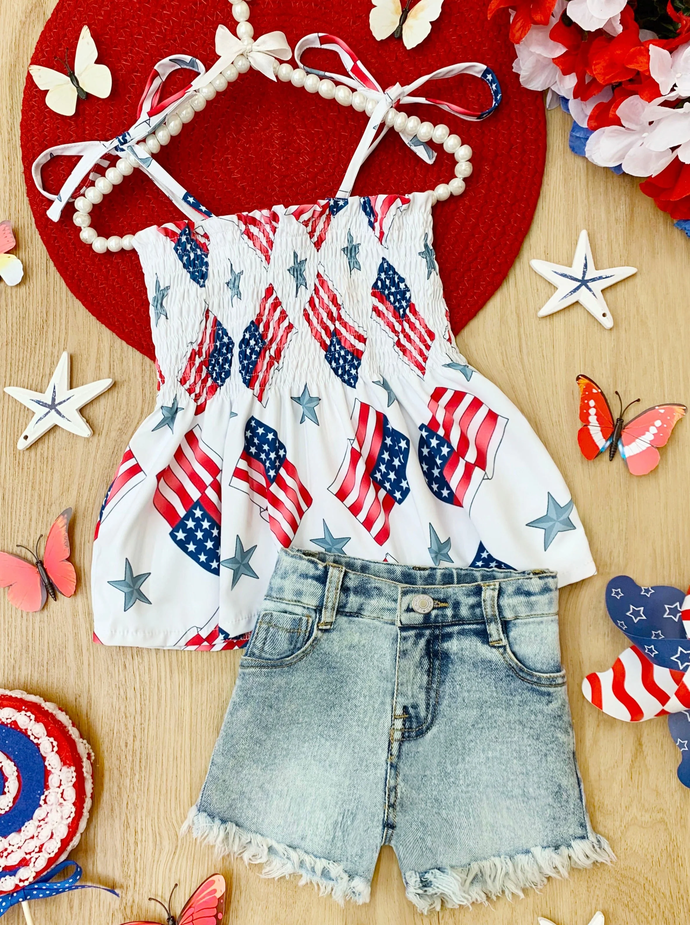 Miss Liberty Smocked Tie Shoulder Top and Denim Short Set - Image 4