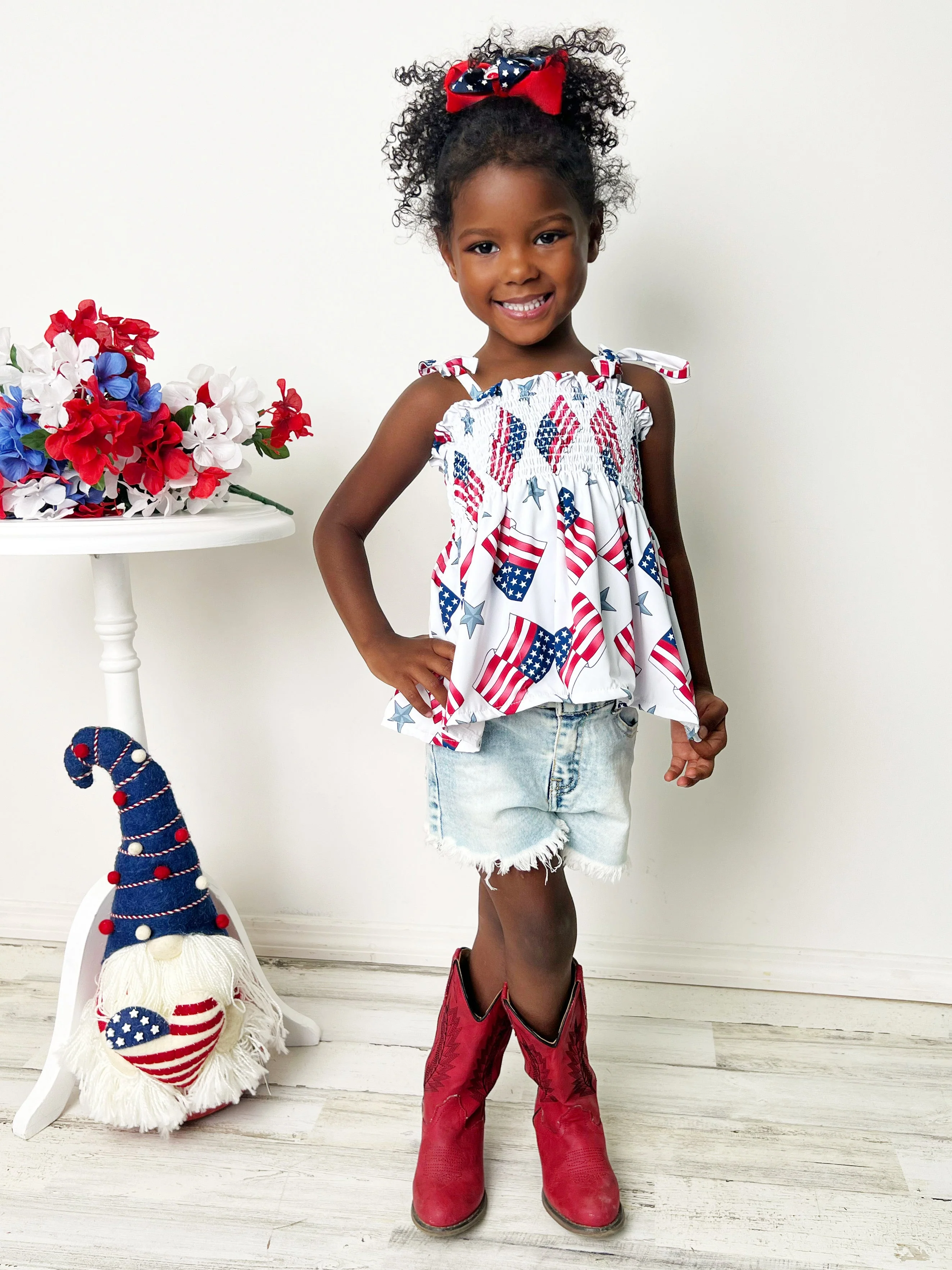 Miss Liberty Smocked Tie Shoulder Top and Denim Short Set - Image 5